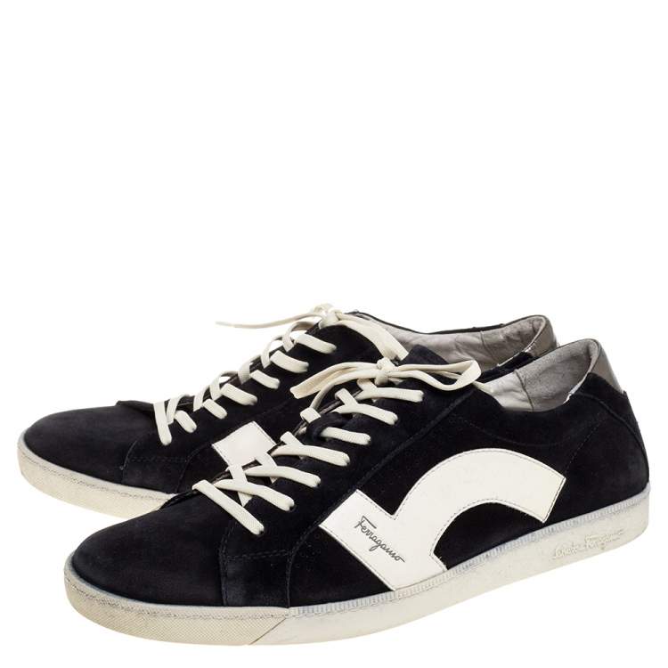 Pre Owned Salvatore Ferragamo Black/White Leather and Suede Low Top Sneakers Size 45 