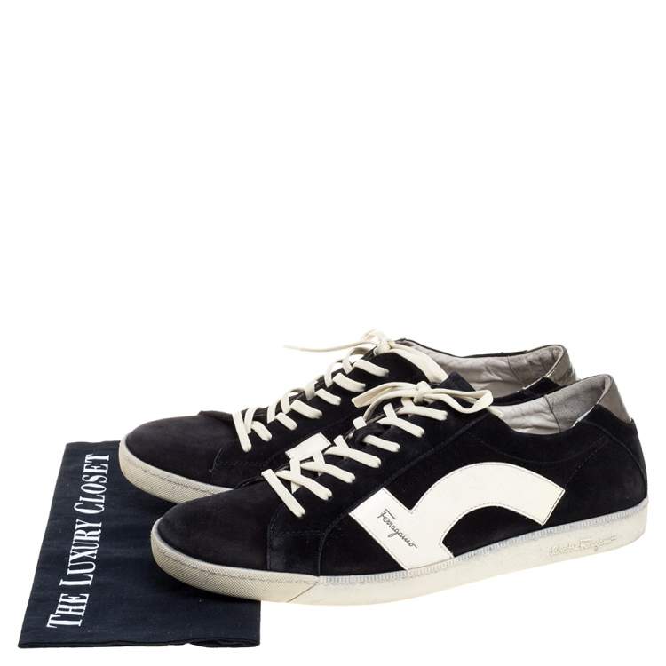 Pre Owned Salvatore Ferragamo Black/White Leather and Suede Low Top Sneakers Size 45 