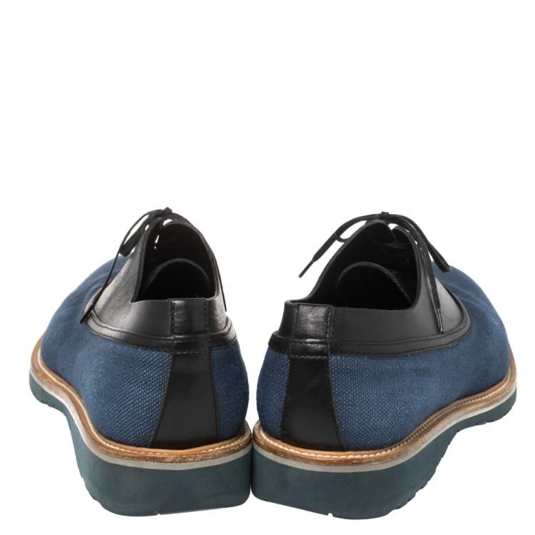Pre Owned Salvatore Ferragamo Blue/Black Fabric and Leather Lace Up Oxfords Size 41