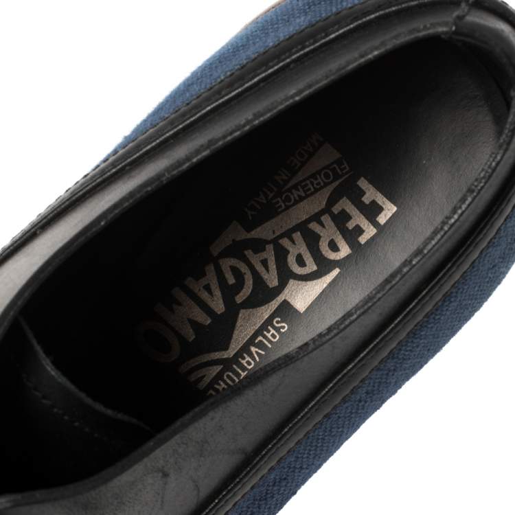Pre Owned Salvatore Ferragamo Blue/Black Fabric and Leather Lace Up Oxfords Size 41