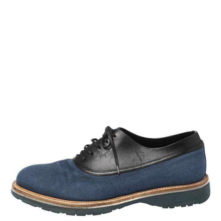 Pre Owned Salvatore Ferragamo Blue/Black Fabric and Leather Lace Up Oxfords Size 41
