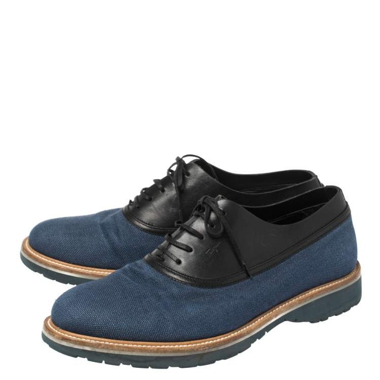 Pre Owned Salvatore Ferragamo Blue/Black Fabric and Leather Lace Up Oxfords Size 41