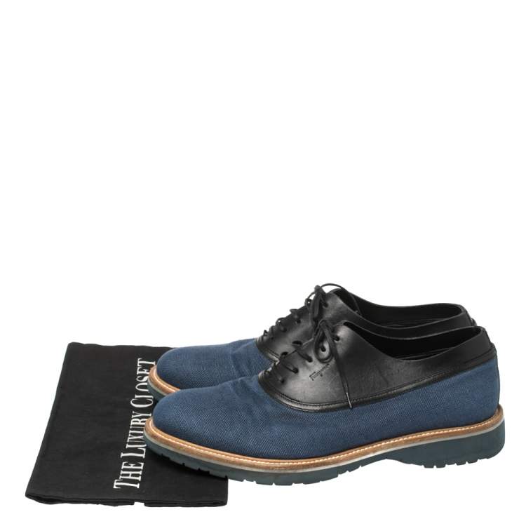 Pre Owned Salvatore Ferragamo Blue/Black Fabric and Leather Lace Up Oxfords Size 41