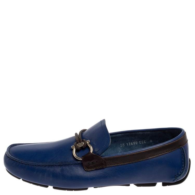 Pre Owned Salvatore Ferragamo Blue Leather Gancini Bit Slip On Loafers Size 42 