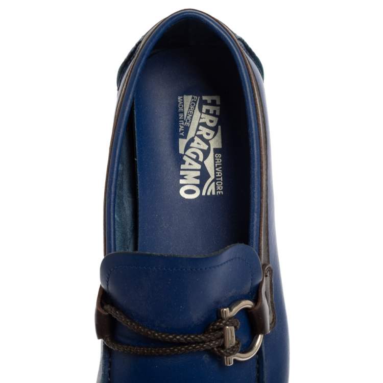 Pre Owned Salvatore Ferragamo Blue Leather Gancini Bit Slip On Loafers Size 42 
