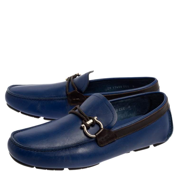Pre Owned Salvatore Ferragamo Blue Leather Gancini Bit Slip On Loafers Size 42 