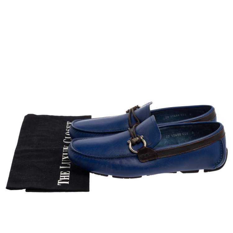 Pre Owned Salvatore Ferragamo Blue Leather Gancini Bit Slip On Loafers Size 42 