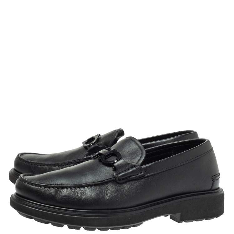 Pre Owned Salvatore Ferragamo Black Leather Double Gancio Loafers Size 40