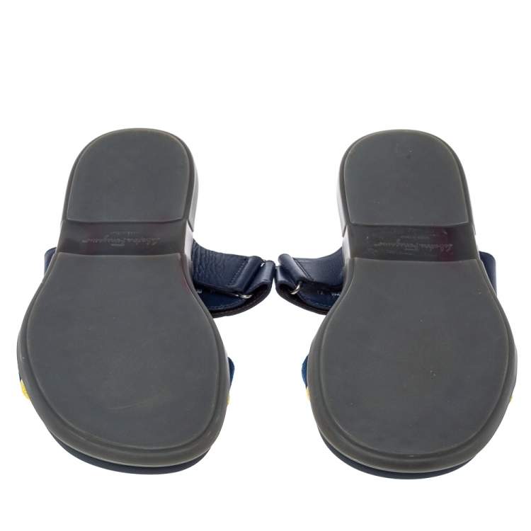 Pre Owned Salvatore Ferragamo Blue Leather And Canvas Slide Flats Size 44