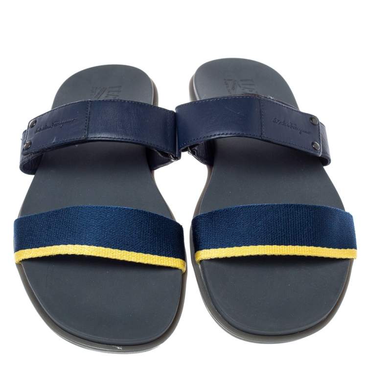 Pre Owned Salvatore Ferragamo Blue Leather And Canvas Slide Flats Size 44
