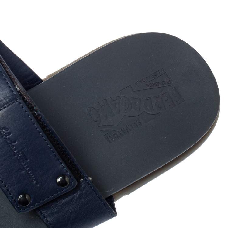 Pre Owned Salvatore Ferragamo Blue Leather And Canvas Slide Flats Size 44