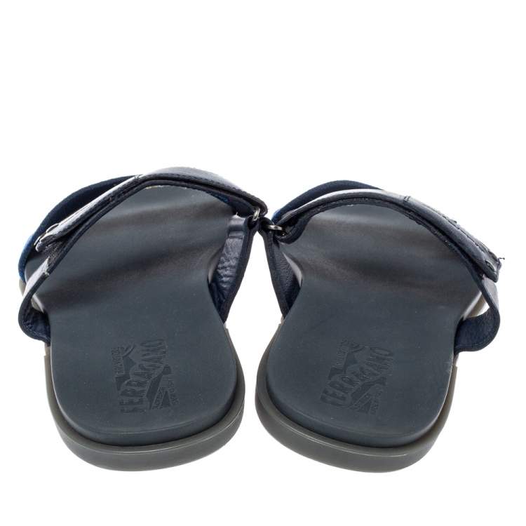 Pre Owned Salvatore Ferragamo Blue Leather And Canvas Slide Flats Size 44