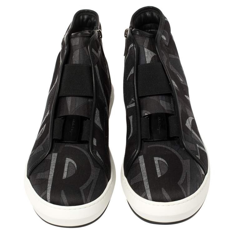 Pre Owned Salvatore Ferragamo Black Printed Canvas And Leather High Top Sneakers Size 44.5