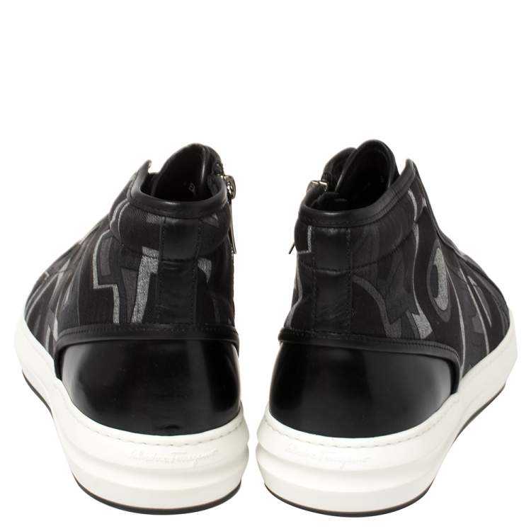 Pre Owned Salvatore Ferragamo Black Printed Canvas And Leather High Top Sneakers Size 44.5