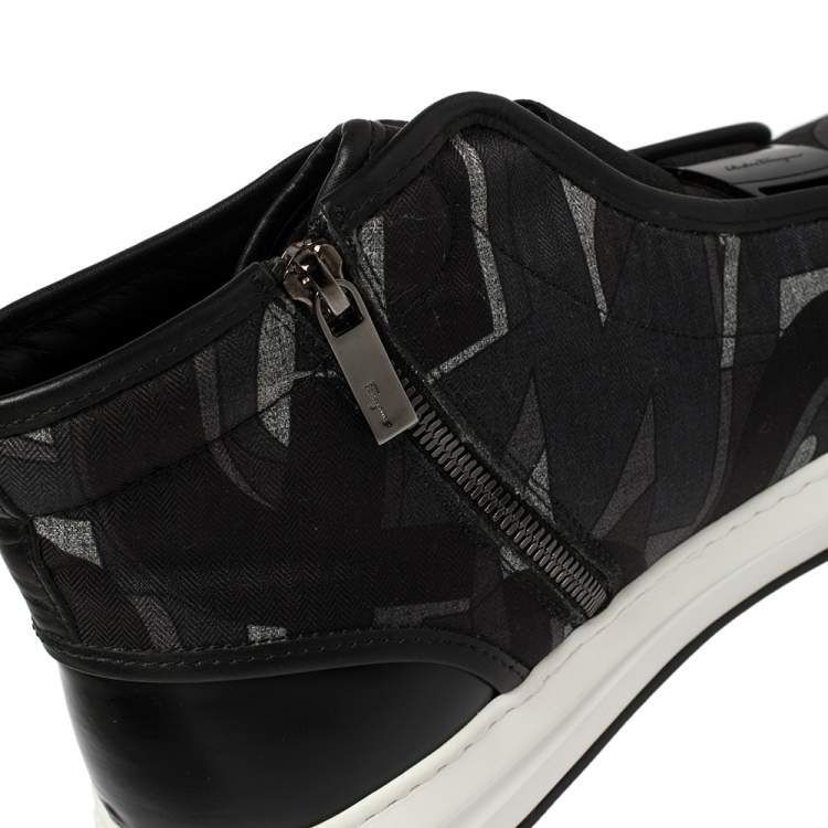Pre Owned Salvatore Ferragamo Black Printed Canvas And Leather High Top Sneakers Size 44.5