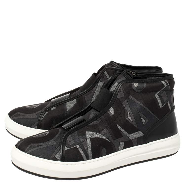 Pre Owned Salvatore Ferragamo Black Printed Canvas And Leather High Top Sneakers Size 44.5