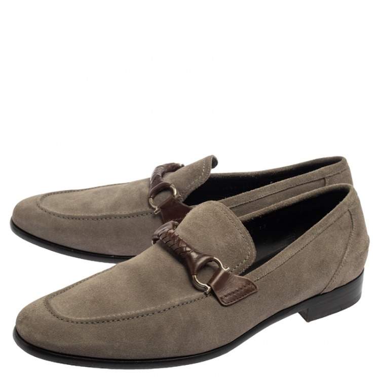 Pre Owned Salvatore Ferragamo Grey Suede Gancini Loafers Size 45