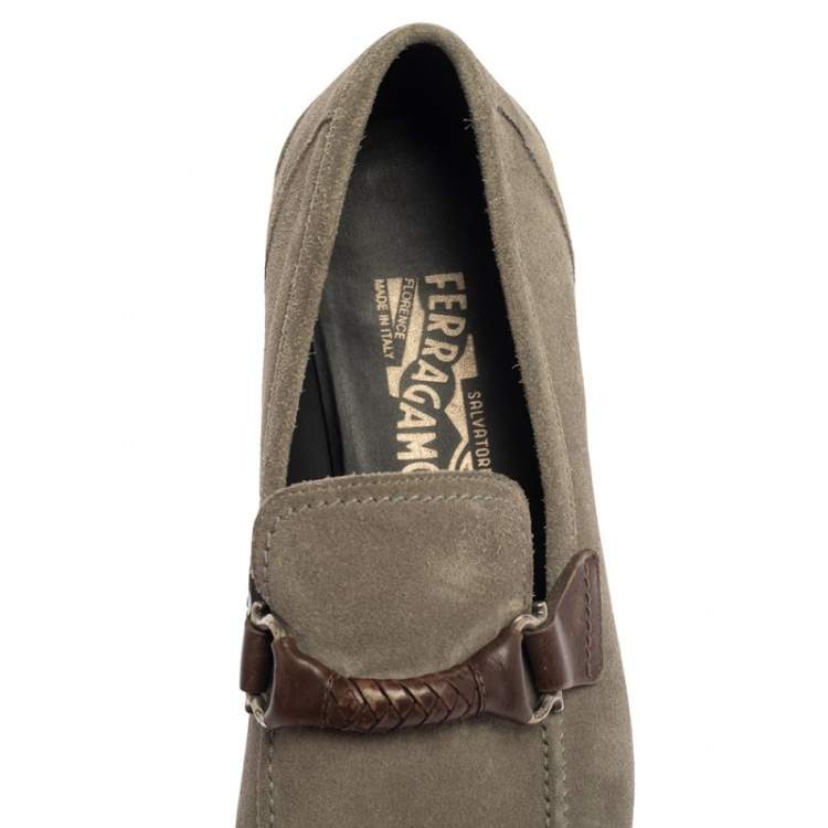 Pre Owned Salvatore Ferragamo Grey Suede Gancini Loafers Size 45