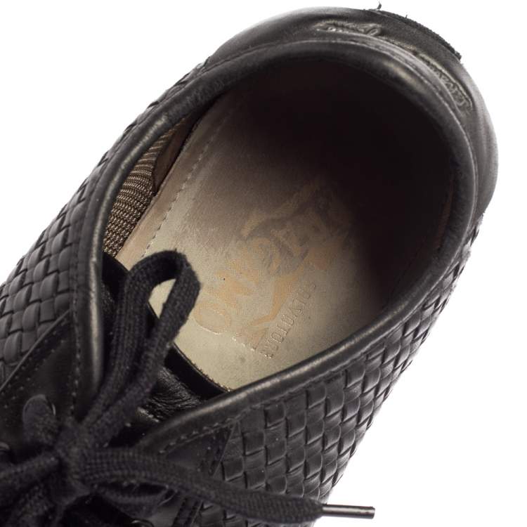 Pre Owned Salvatore Ferragamo Black Woven Leather Low Top Lace Sneaker Size 43.5