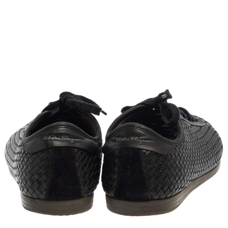 Pre Owned Salvatore Ferragamo Black Woven Leather Low Top Lace Sneaker Size 43.5