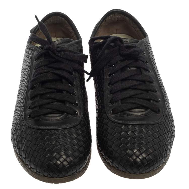 Pre Owned Salvatore Ferragamo Black Woven Leather Low Top Lace Sneaker Size 43.5