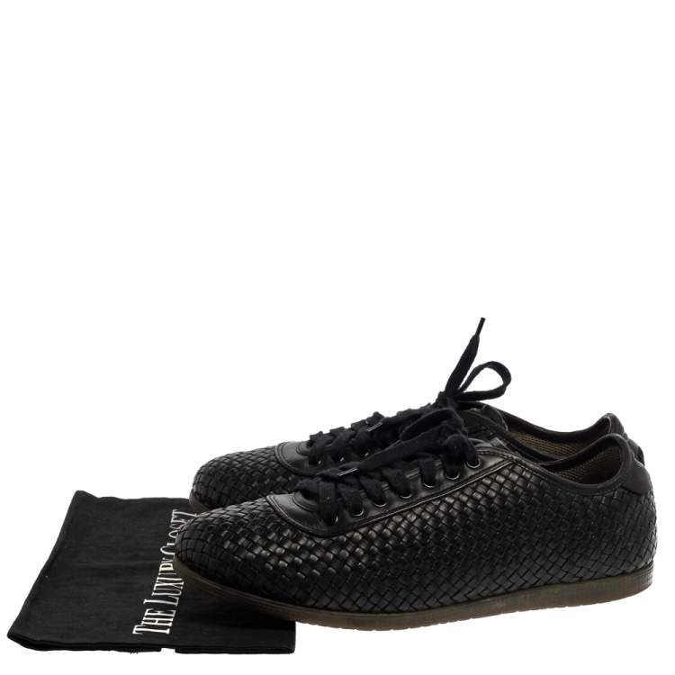 Pre Owned Salvatore Ferragamo Black Woven Leather Low Top Lace Sneaker Size 43.5