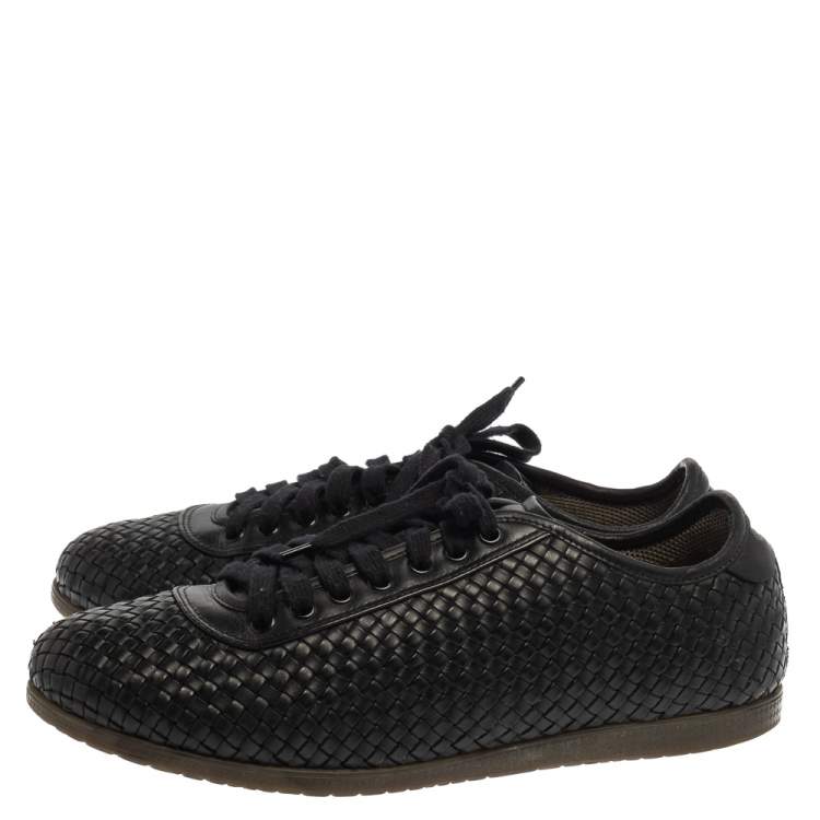 Pre Owned Salvatore Ferragamo Black Woven Leather Low Top Lace Sneaker Size 43.5