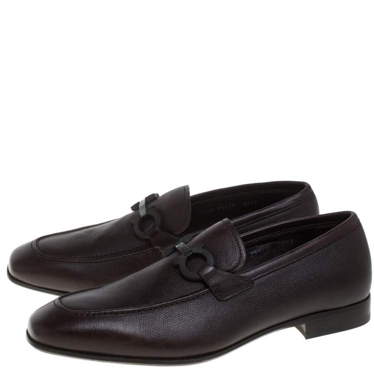 Pre Owned Salvatore Ferragamo Dark Brown Leather Double Gancio Loafers Size 40.5