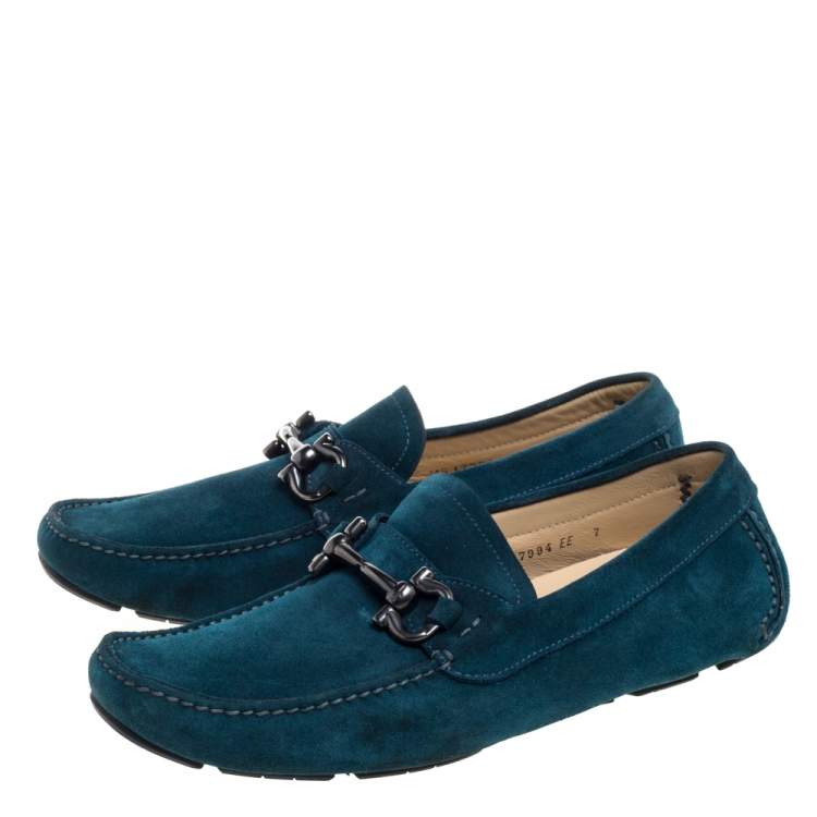 Pre Owned Salvatore Ferragamo Teal Blue Suede Gancio Bit Loafers Size 41