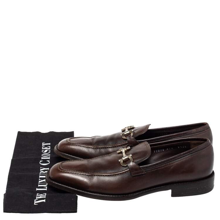 Pre Owned Salvatore Ferragamo Brown Leather Gancini Bit Loafers Size 42.5