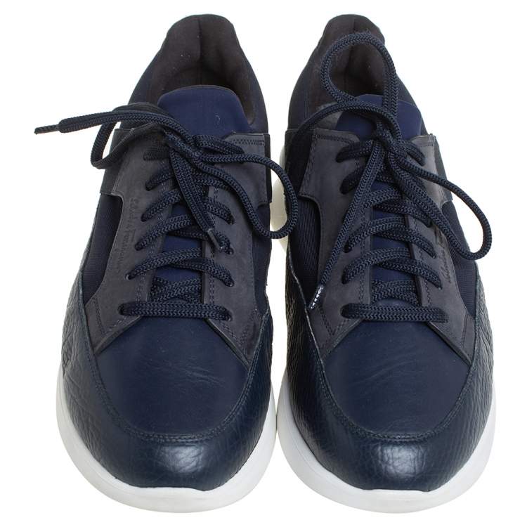 Pre Owned Salvatore Ferragamo Blue Mesh And Leather Duo Sneakers Size 41.5