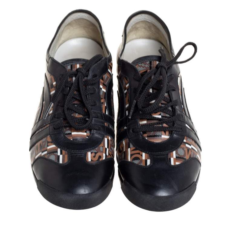 Pre Owned Salvatore Ferragamo Brown/Black Canvas And Leather Low Top Sneakers Size 43.5