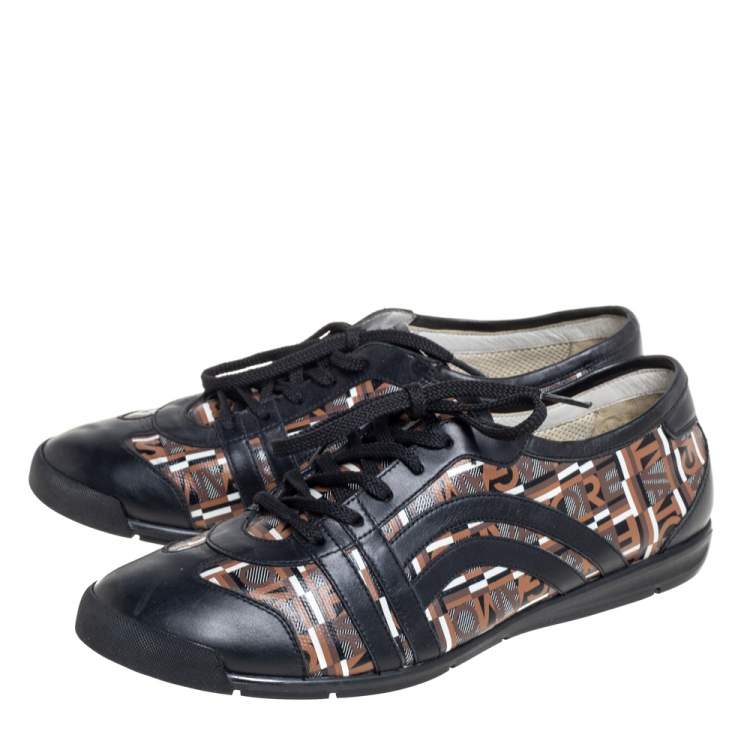 Pre Owned Salvatore Ferragamo Brown/Black Canvas And Leather Low Top Sneakers Size 43.5