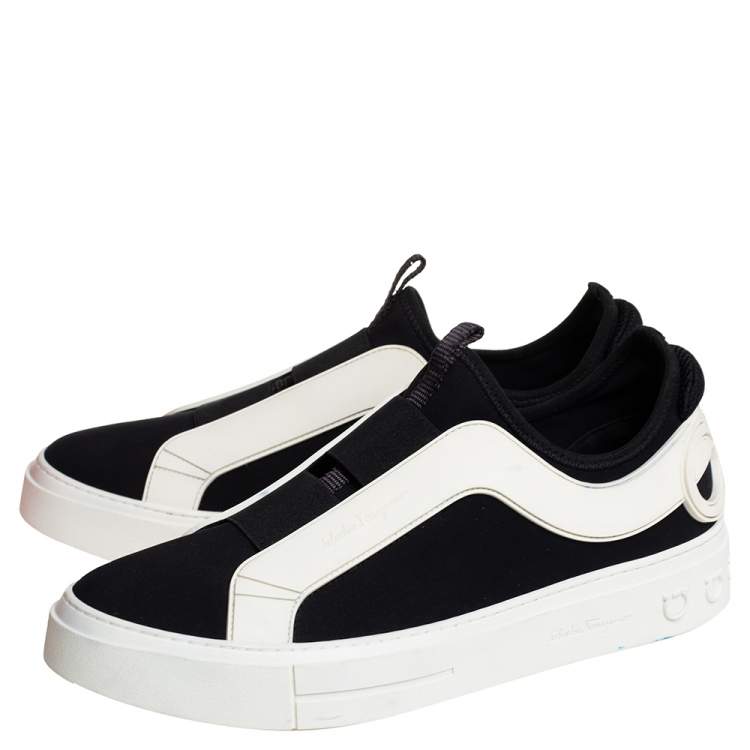 Pre Owned Salvatore Ferragamo Black/White Fabric And Rubber Answer Slip On Sneakers Size 44