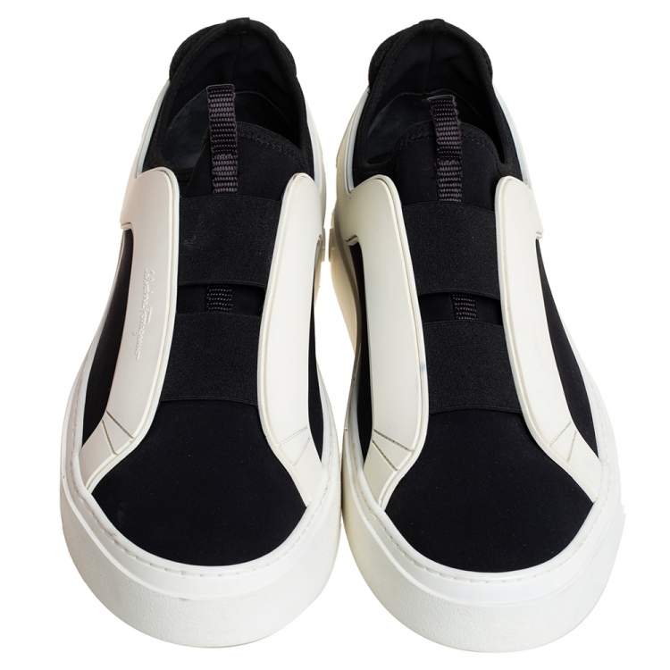 Pre Owned Salvatore Ferragamo Black/White Fabric And Rubber Answer Slip On Sneakers Size 44