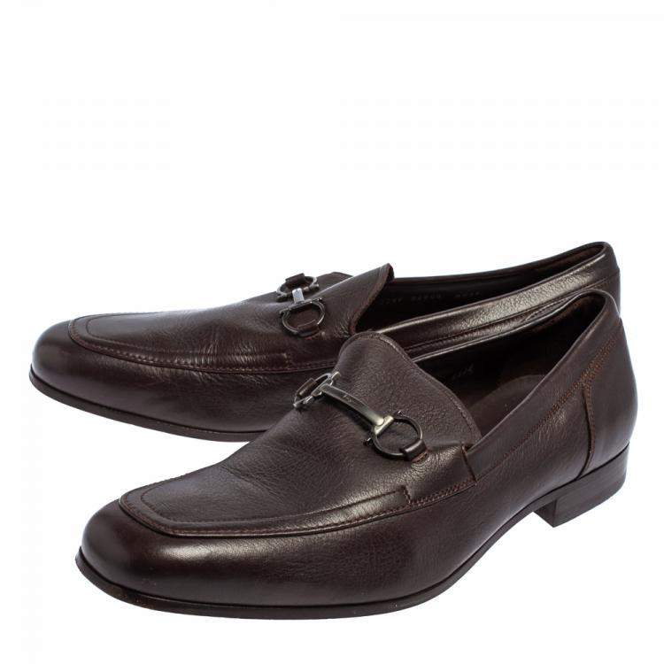 Pre Owned Salvatore Ferragamo Dark Brown Leather Gancini Bit Slip On Loafers Size 43.5 