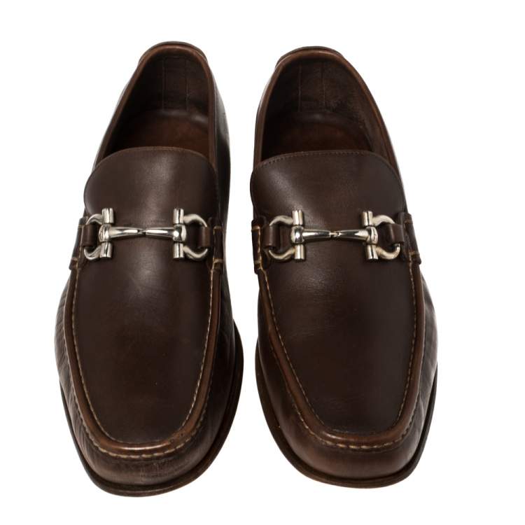 Pre Owned  Salvatore Ferragamo Brown Leather Gancini Bit Loafers Size 43.5