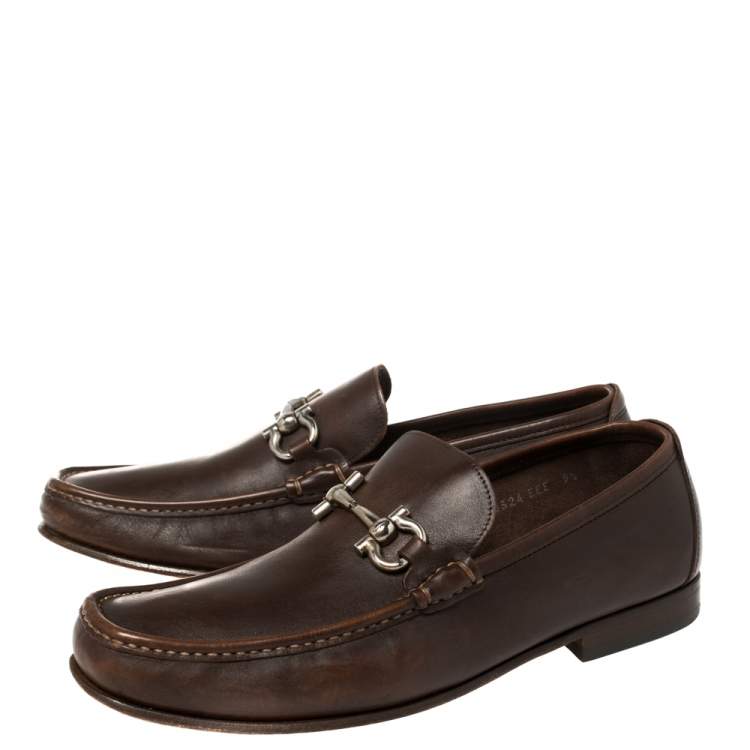 Pre Owned  Salvatore Ferragamo Brown Leather Gancini Bit Loafers Size 43.5
