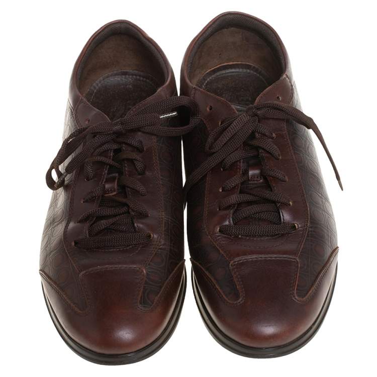 Pre Owned Salvatore Ferragamo Brown Leather Low Top Sneakers Size 44