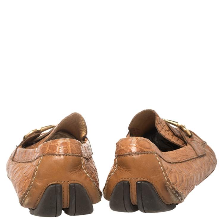 Pre Owned Salvatore Ferragamo Light Brown Croc Leather Parigi Slip On Loafers Size 45