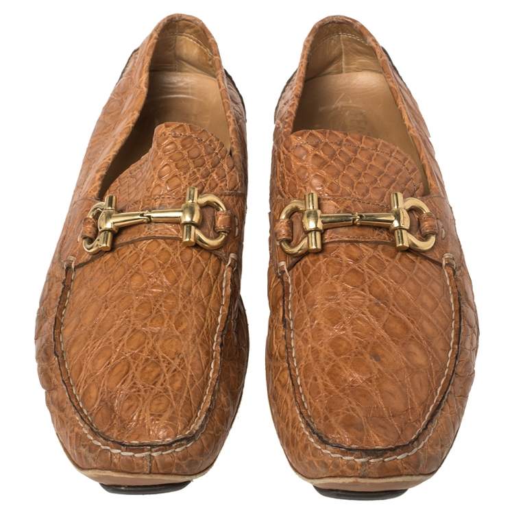 Pre Owned Salvatore Ferragamo Light Brown Croc Leather Parigi Slip On Loafers Size 45