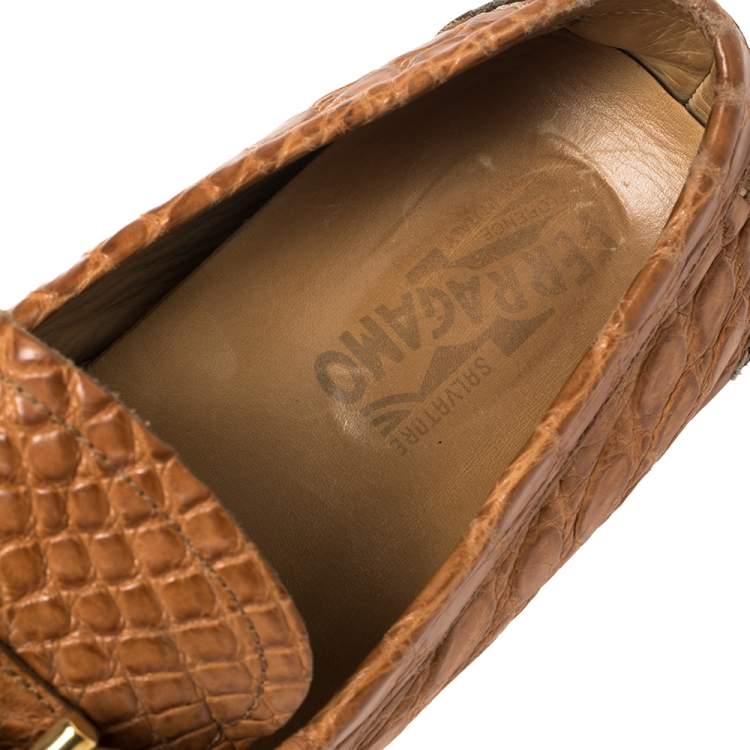 Pre Owned Salvatore Ferragamo Light Brown Croc Leather Parigi Slip On Loafers Size 45