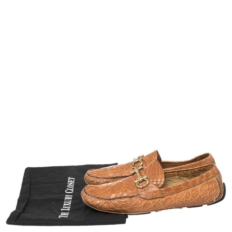 Pre Owned Salvatore Ferragamo Light Brown Croc Leather Parigi Slip On Loafers Size 45