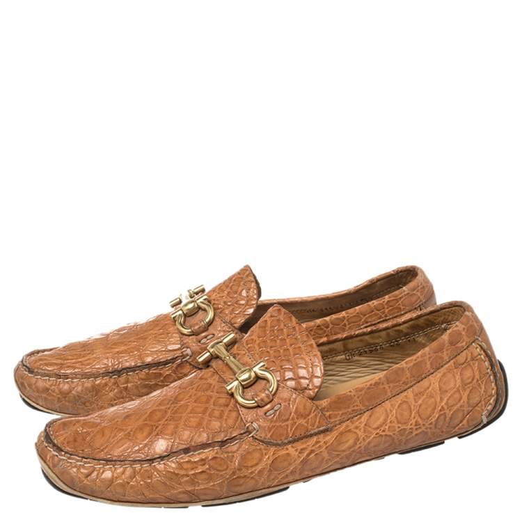 Pre Owned Salvatore Ferragamo Light Brown Croc Leather Parigi Slip On Loafers Size 45