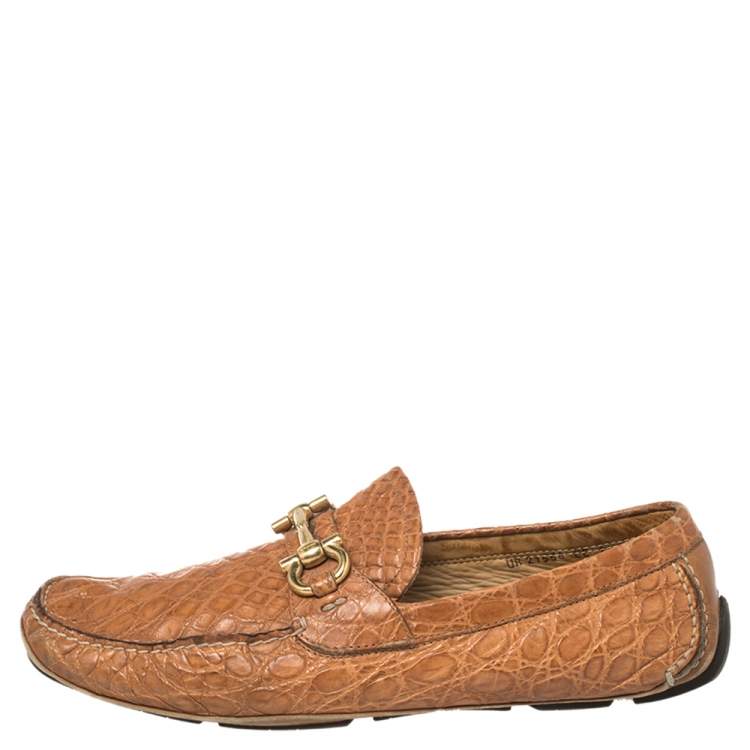 Pre Owned Salvatore Ferragamo Light Brown Croc Leather Parigi Slip On Loafers Size 45