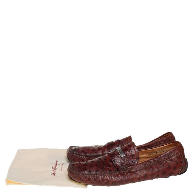 Pre Owned Salvatore Ferragamo Brown Ostrich Leather Penny Slip On Loafers Size 45