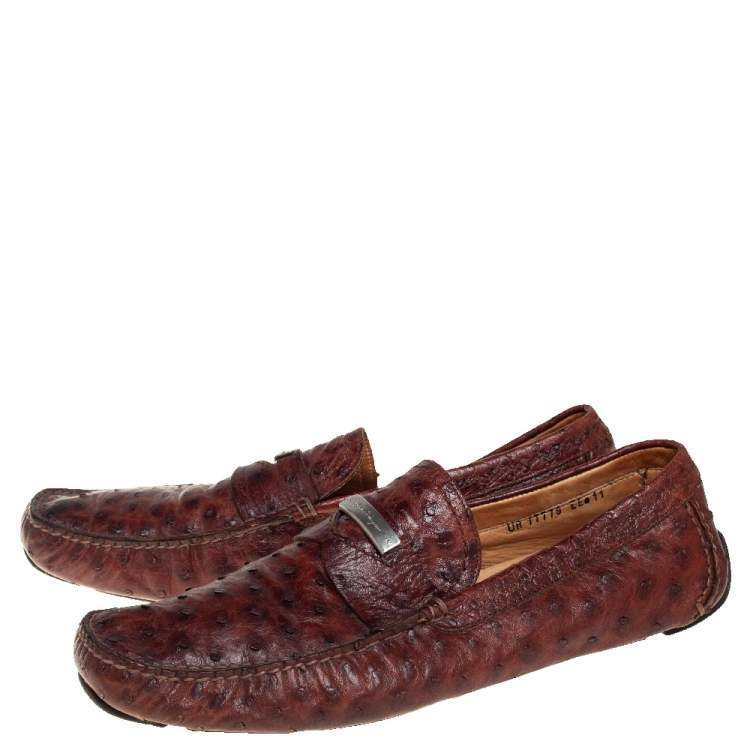 Pre Owned Salvatore Ferragamo Brown Ostrich Leather Penny Slip On Loafers Size 45
