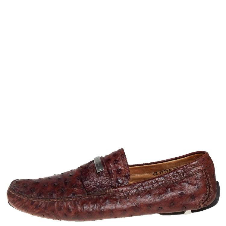 Pre Owned Salvatore Ferragamo Brown Ostrich Leather Penny Slip On Loafers Size 45