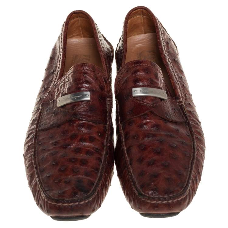 Pre Owned Salvatore Ferragamo Brown Ostrich Leather Penny Slip On Loafers Size 45