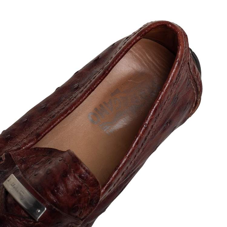 Pre Owned Salvatore Ferragamo Brown Ostrich Leather Penny Slip On Loafers Size 45
